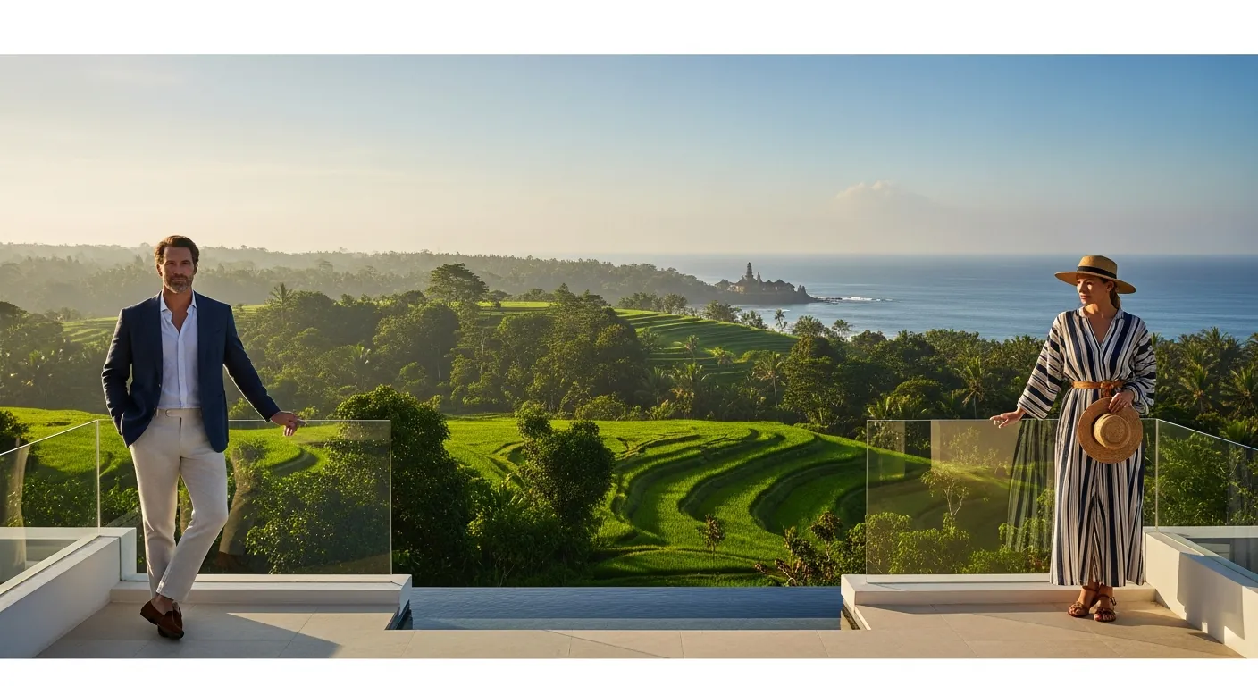 High-net-worth investor on a luxury Bali villa balcony overlooking lush rice terraces at golden hour.