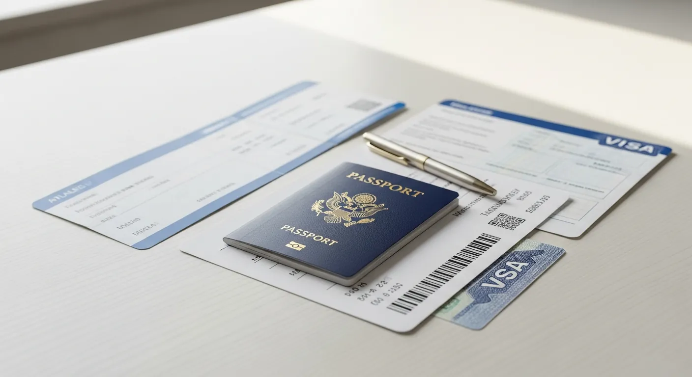 Passport and documents on a desk